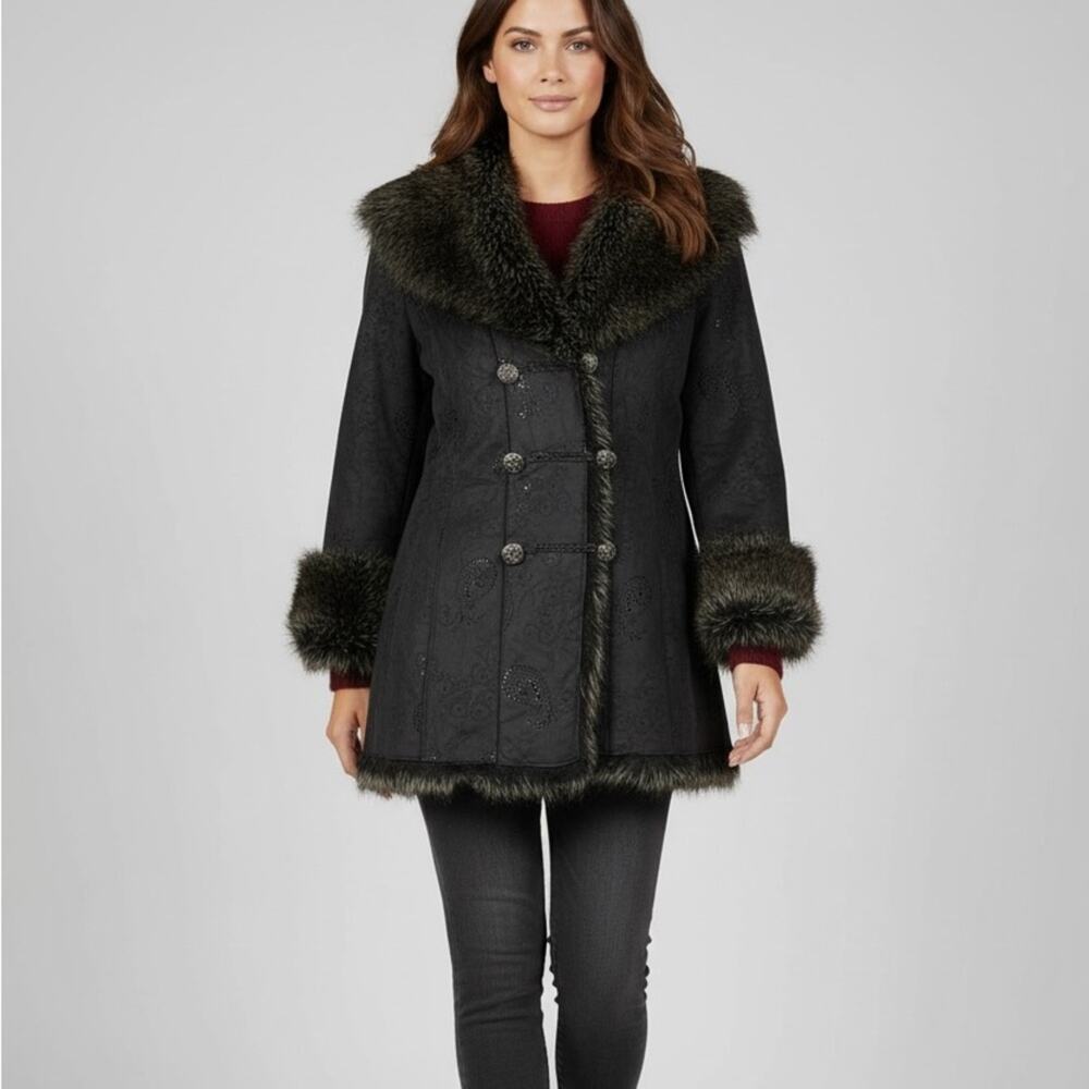 💙Noveli Blue Faux Fur Trim Coat Embossed Suede Button Front Coat